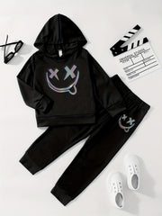 Boys 2pcs Hoodie & Pants Reflective Print Crew Neck Pullover Top
