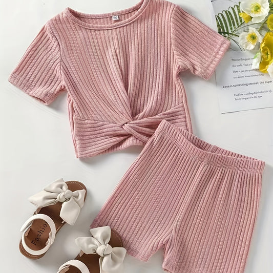 2pcs Toddler Girls Ribbed Knit T Shirt Top & Biker Shorts Set