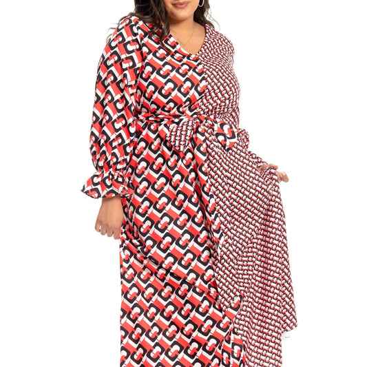  Colorblock Geometric Print Twist Front Dress