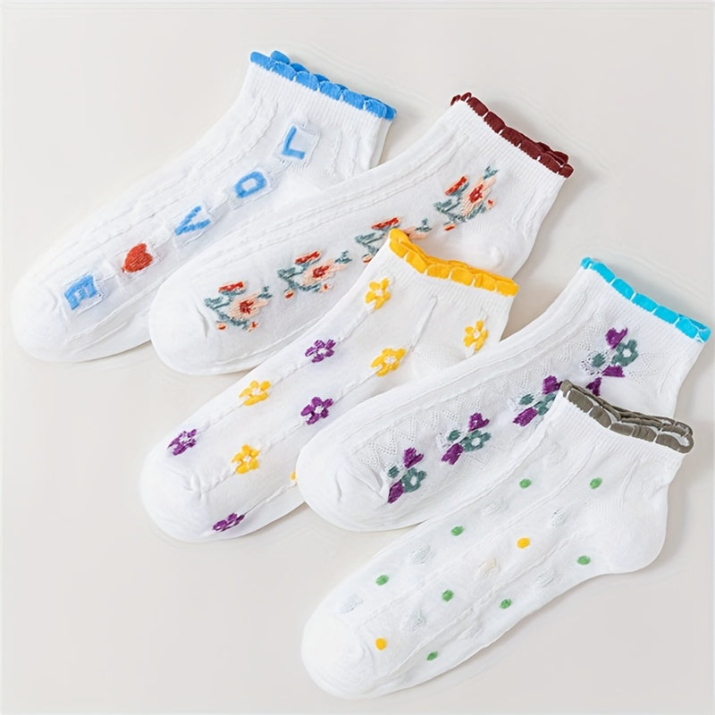 5 Pair Floral Print Low Cut Socks Women's Stockings