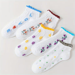 5 Pair Floral Print Low Cut Socks Women's Stockings