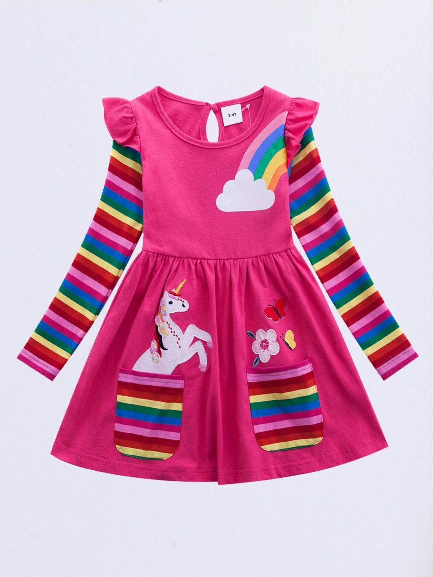 Girls Unicorn Embroidered Dress With Pockets