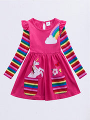 Girls Unicorn Embroidered Dress With Pockets