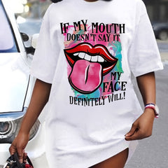 Lips Print Mini Tee Dress Short Sleeve Crew Neck Casual Dress