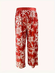  Snowflake Print Wide Leg Trousers with High Rise Elastic Waist