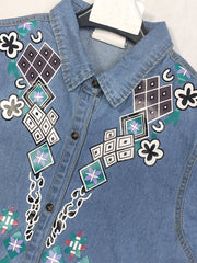 Embroidery Crochet Pattern Denim A-Line Dress