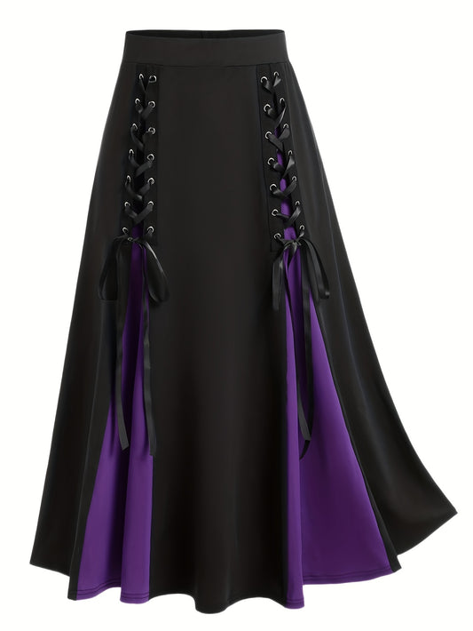 Vintage Colorblock Pleated Tie Front Skirt High Waist Casual Skirt