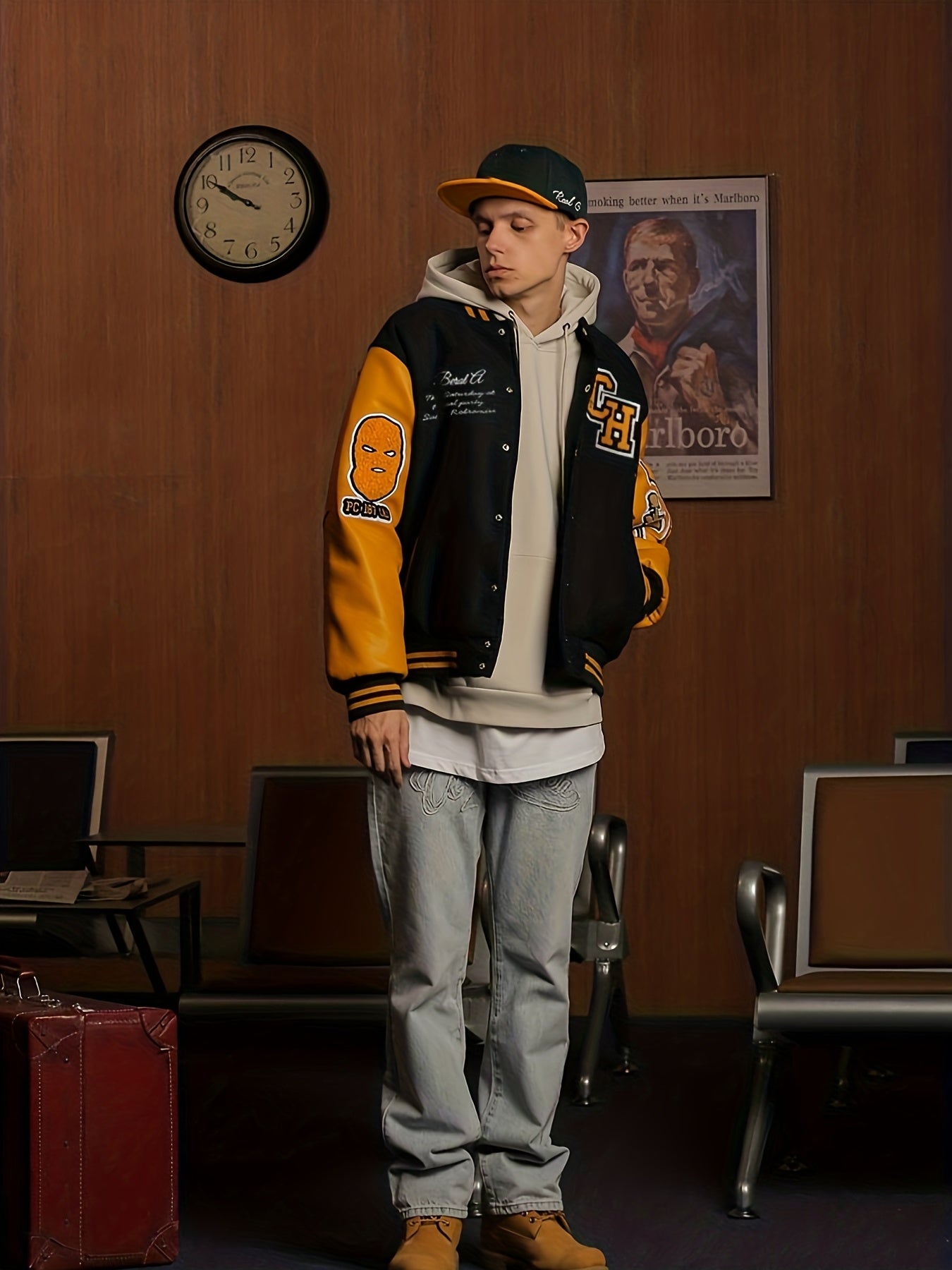 Embroidery Varsity Pu Jacket Men's Casual Faux Leather Jacket