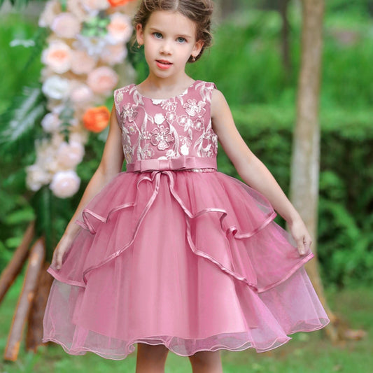 Girls Sleeveless Flower Embroidery Mesh Princess Dress