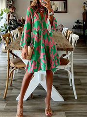  Floral Print Bell Sleeve V Neck Smock Dress