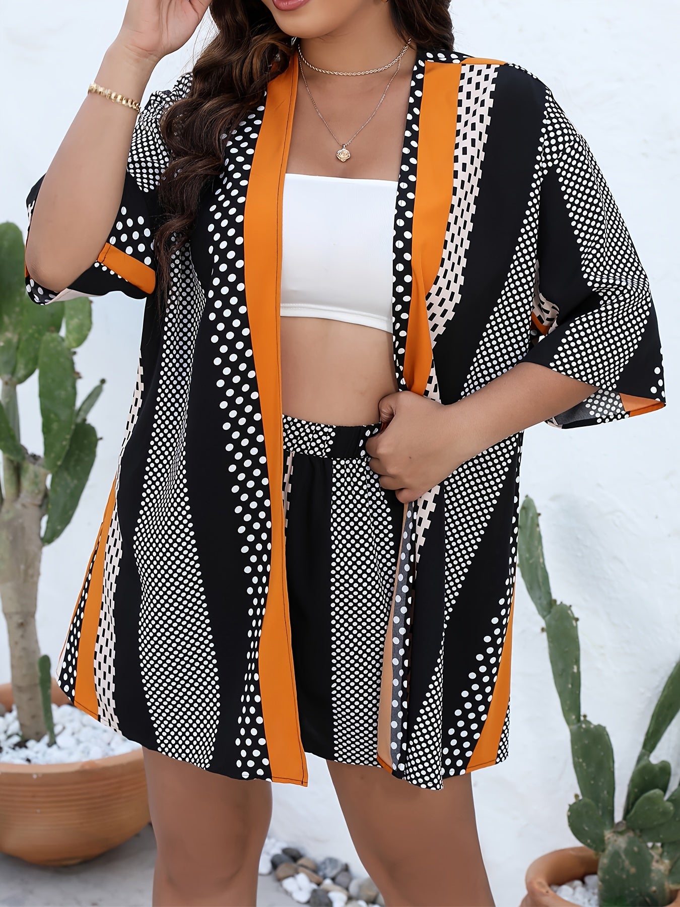 Women's Dot & Stripe Print Cardigan & Shorts Set