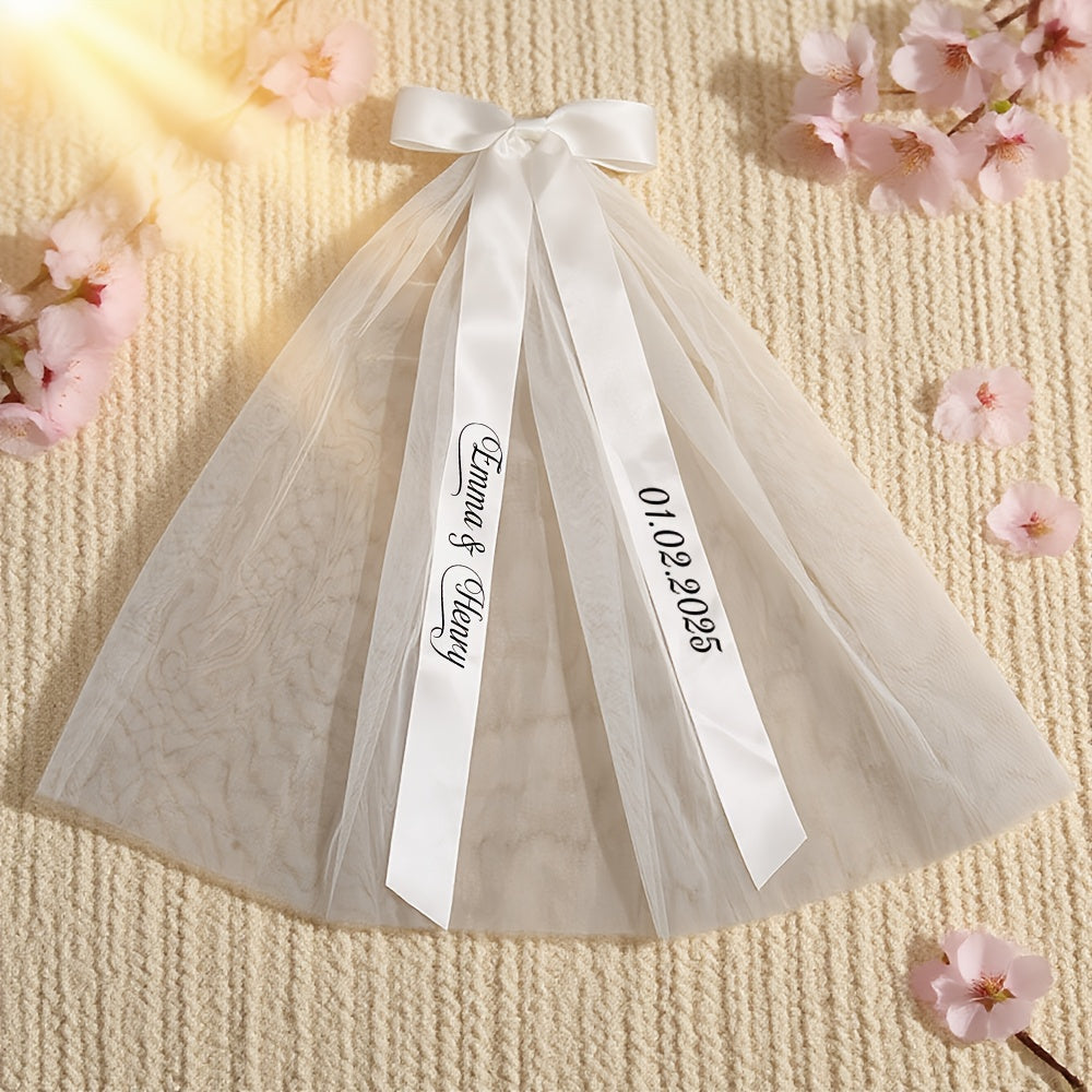 Custom Name & Date Bridal Veil with Sheer Bow Accent