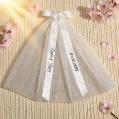 Custom Name & Date Bridal Veil with Sheer Bow Accent