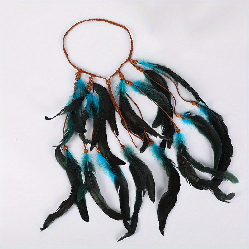 Boho Feather Hair Tie Rope Headband with Beads Tassel