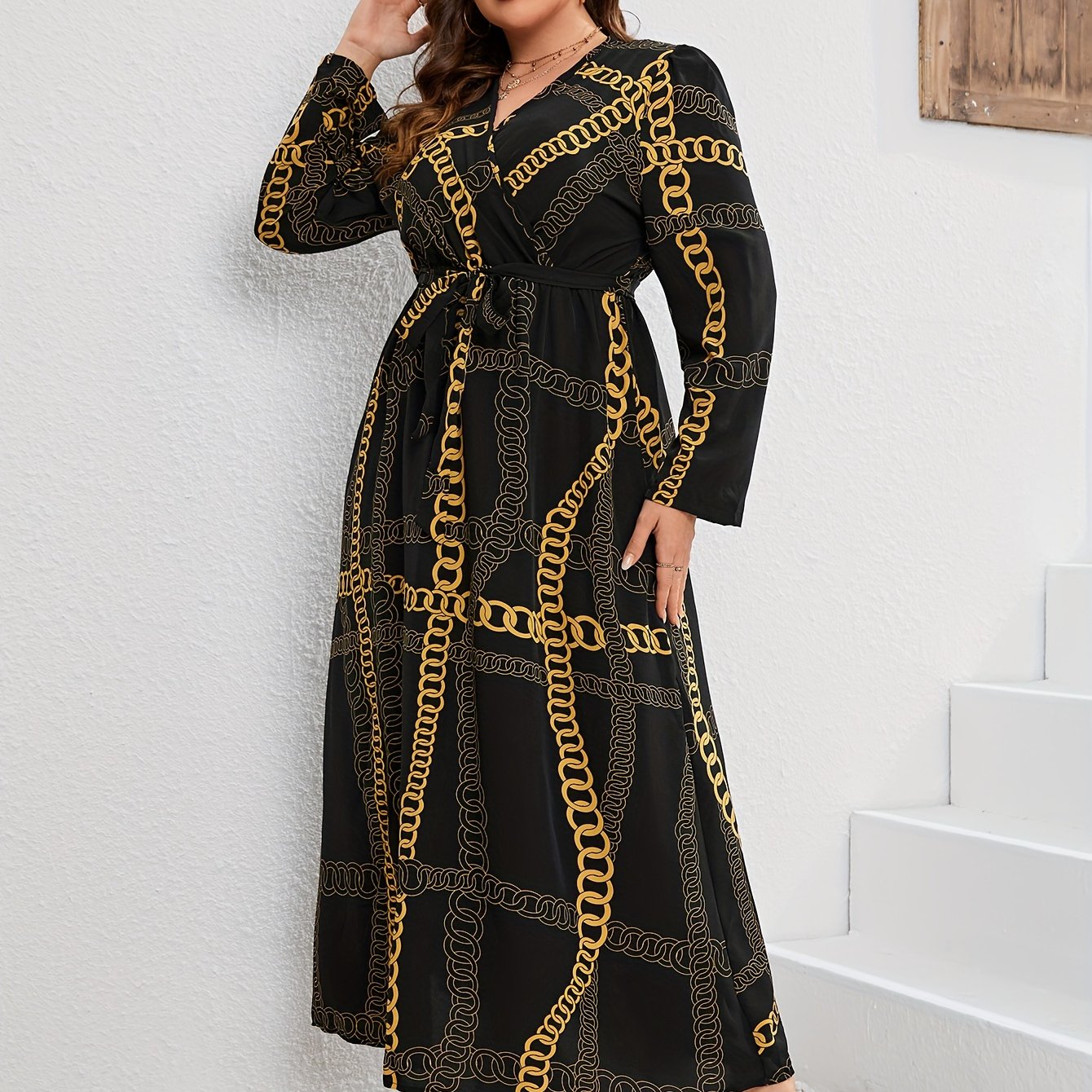  Chian Print Long Sleeve Surplice Neck Stretch Maxi Dress