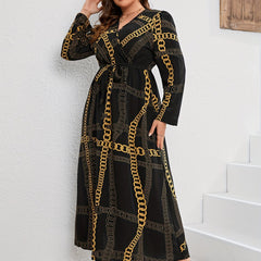  Chian Print Long Sleeve Surplice Neck Stretch Maxi Dress