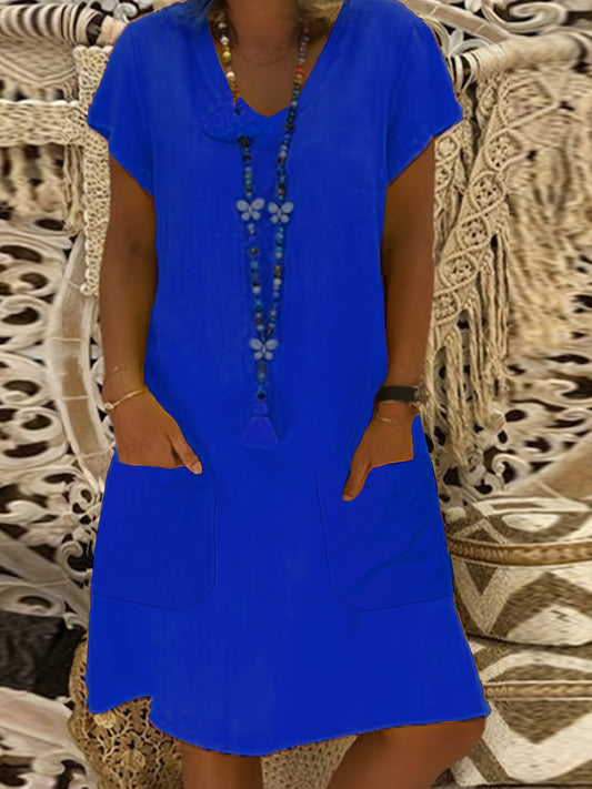  Casual Dress Women's Plus V Neck Short Sleeve Dress With Pockets
