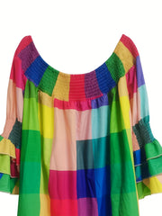  Colorblock Grid Print Shirred Off Shoulder Dress