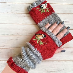 Embroidered Bird Knit Fingerless Gloves Vintage Style