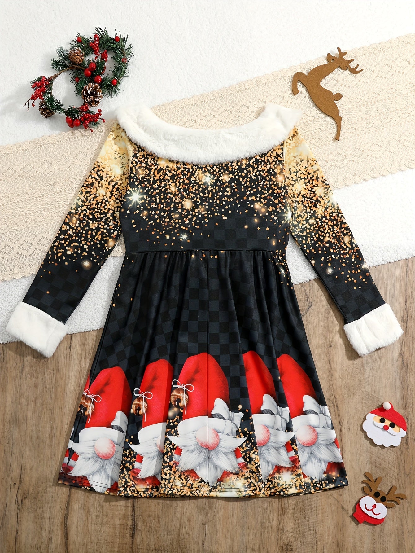 Snowflake Graphic Crew Neck Long Sleeve Dress Girls Christmas Dresses