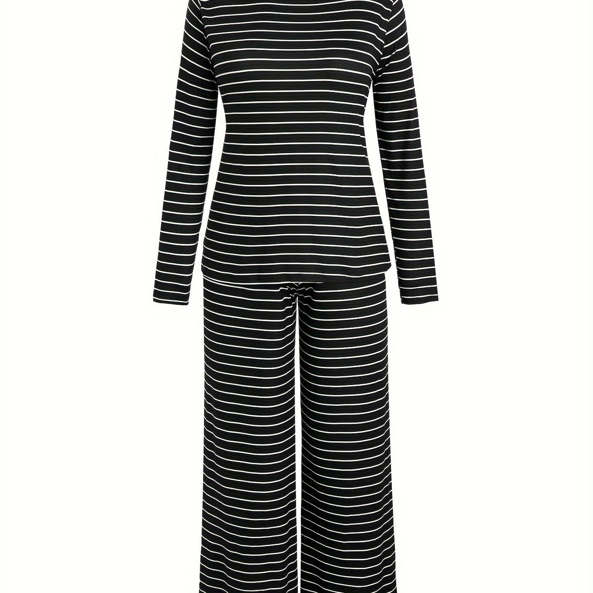  Casual Pajamas Set Women's Plus Striped Print Tee & Pants 2 Piece Set