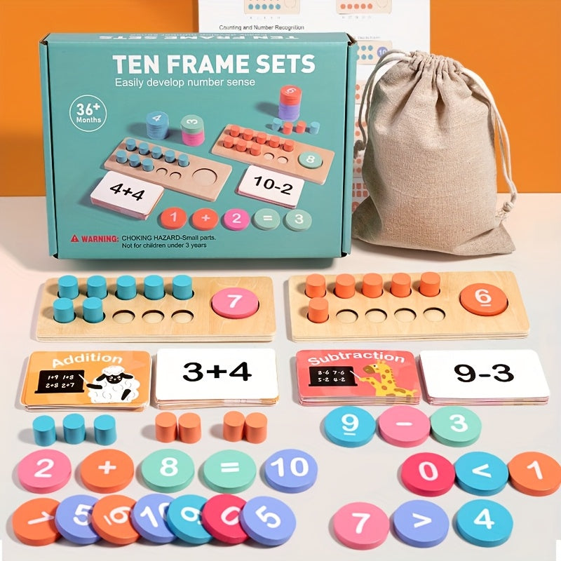 Wooden Ten Frame Math Learning Kit Counting Toy Early Education