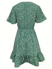 Floral Print V Neck Button Dress Short Sleeve Casual Dress