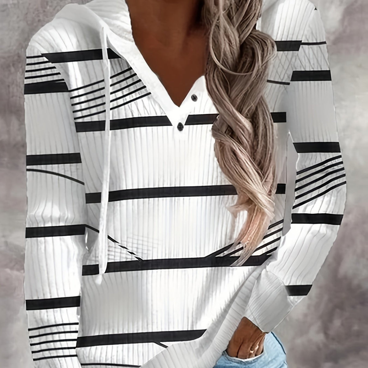 Stripe Print Drawstring Hoodie Button Front Long Sleeve Hoodies