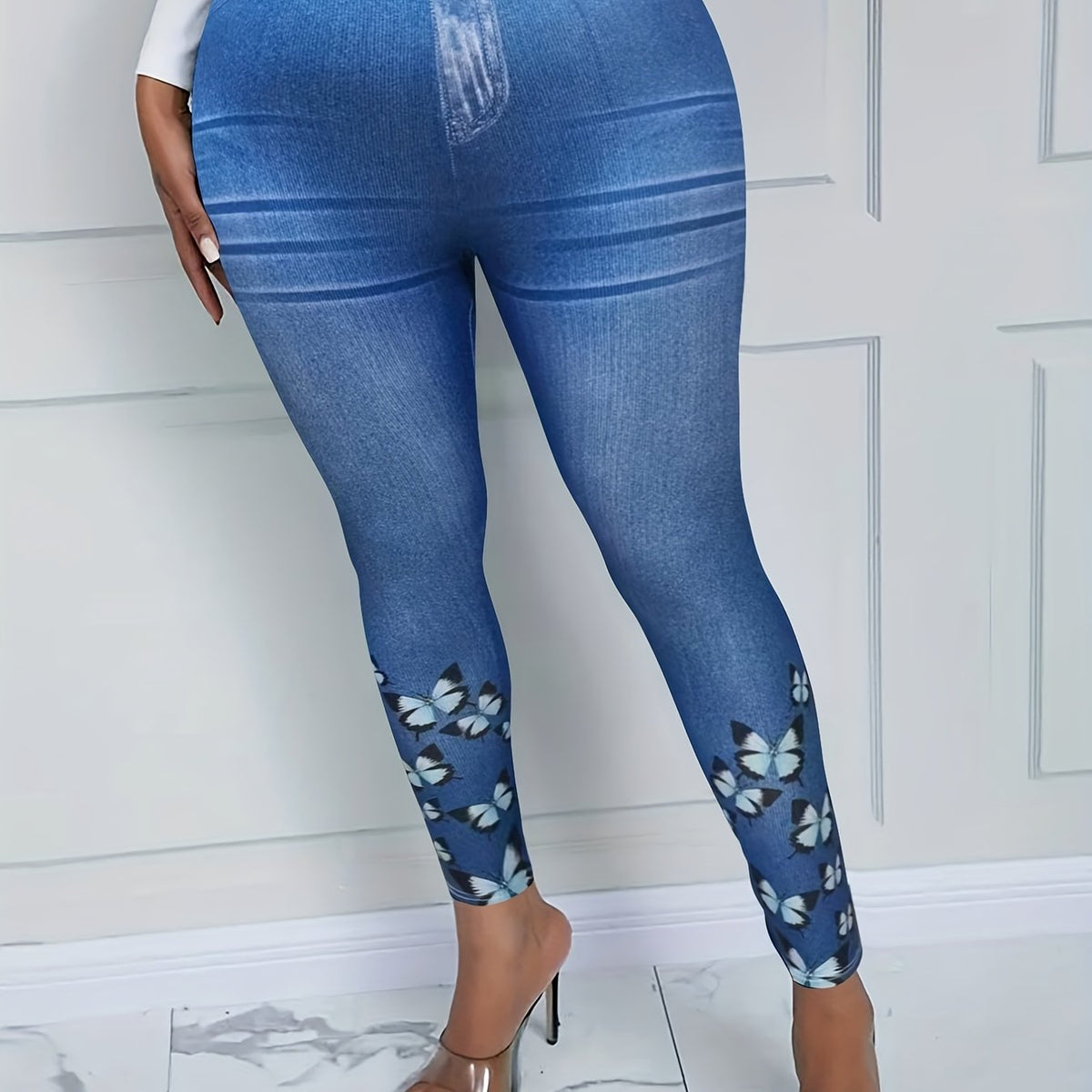 Denim & Butterfly Print Stretchy Leggings