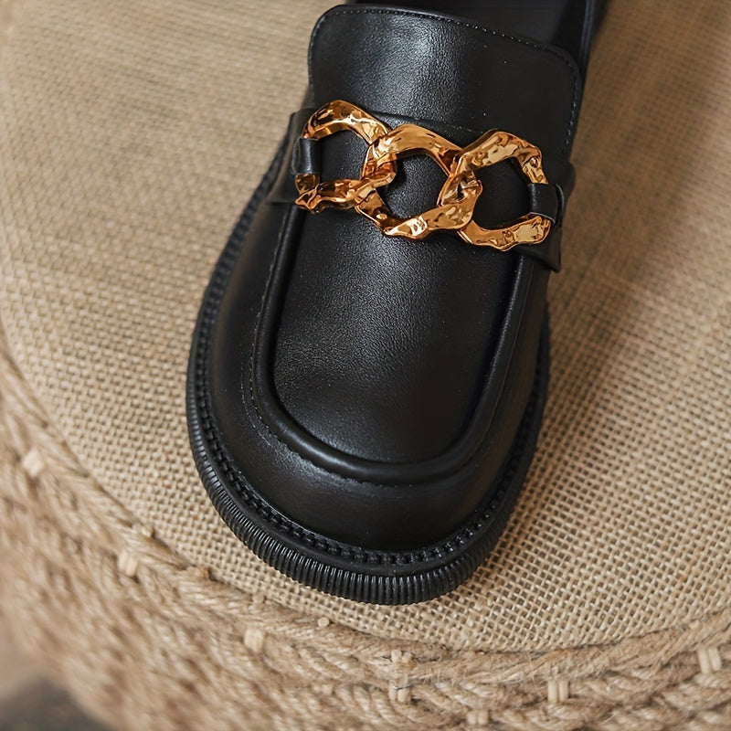 Women's Chain Decor Chunky Heel Loafers British Style Work Shoes