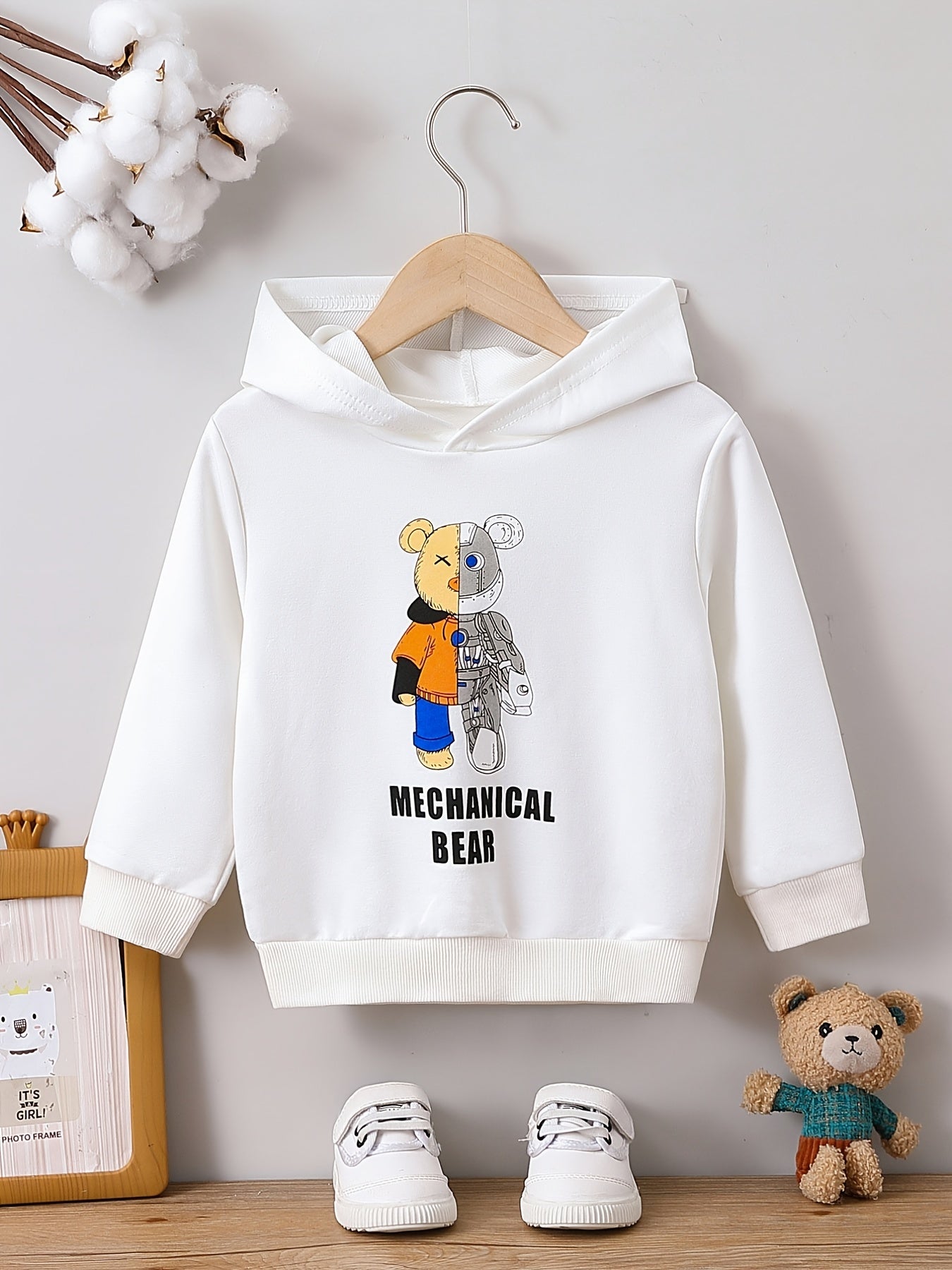 Boys Bear Print Hoodie for Spring Fall