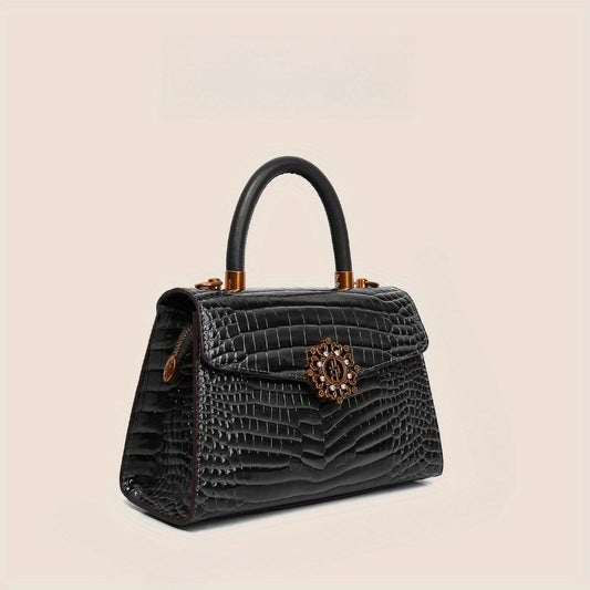 Faux Alligator Grain Handbag with Golden Tone Metal Emblems