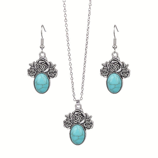 3pcs Turquoise Rose Jewelry Set Boho Style Earrings Necklace