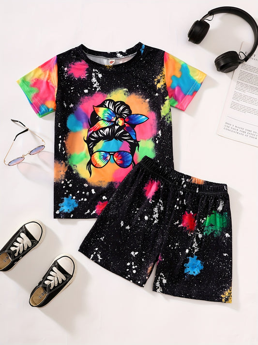 Girls Tie Dyed Portrait Graphic T-Shirt & Shorts Set