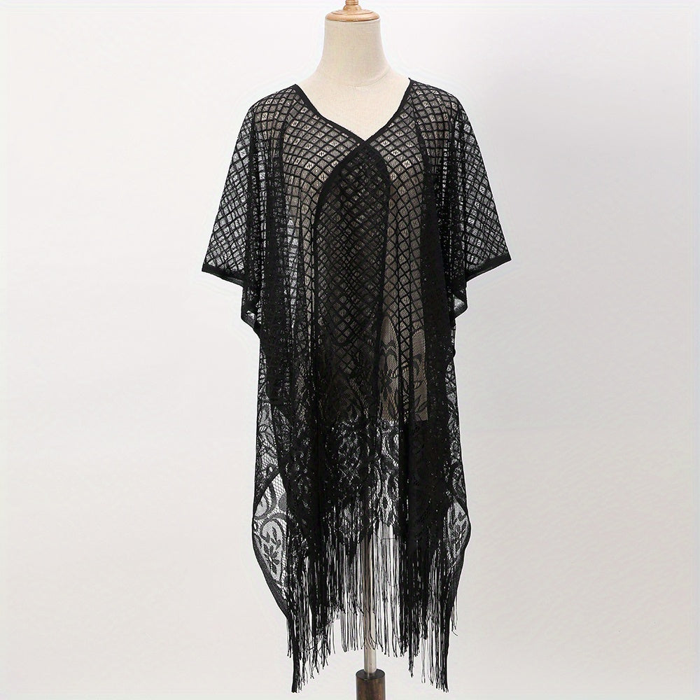 Lace Shawl Solid Cape Tassel Bikini Cover Up Thin Breathable