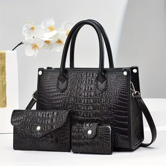 3pcs Crocodile Pattern Faux Leather Handbag Set