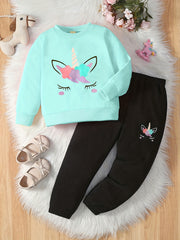 Cartoon Unicorn Print 2pc Sweatshirt & Sweatpants Set for Girls