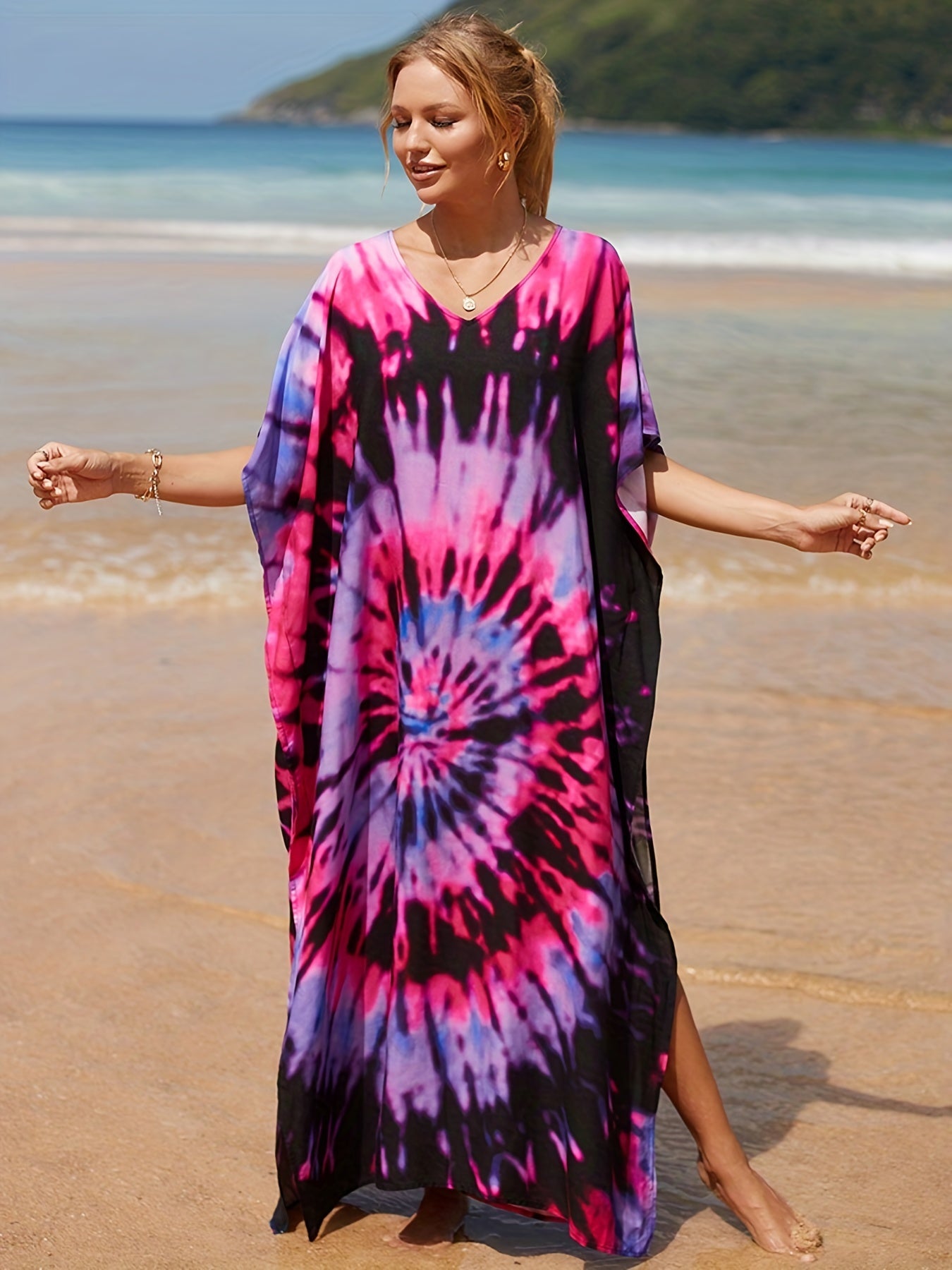  Tie Dye Bat Sleeve V Neck Cover Up Dress