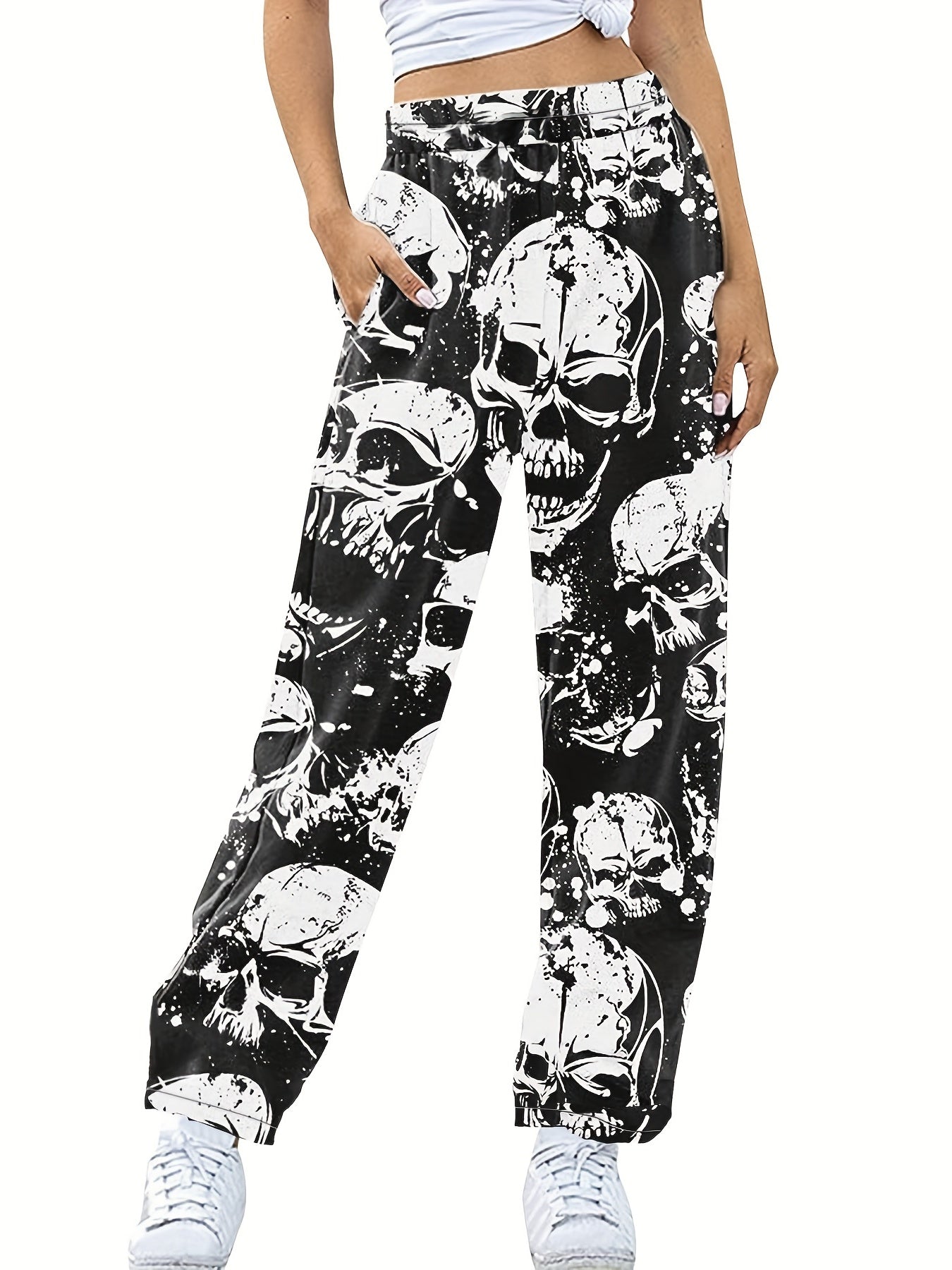 Women's Plus Allover Skull Print Elastic High Rise Straight Leg Trousers