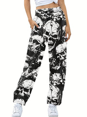 Women's Plus Allover Skull Print Elastic High Rise Straight Leg Trousers