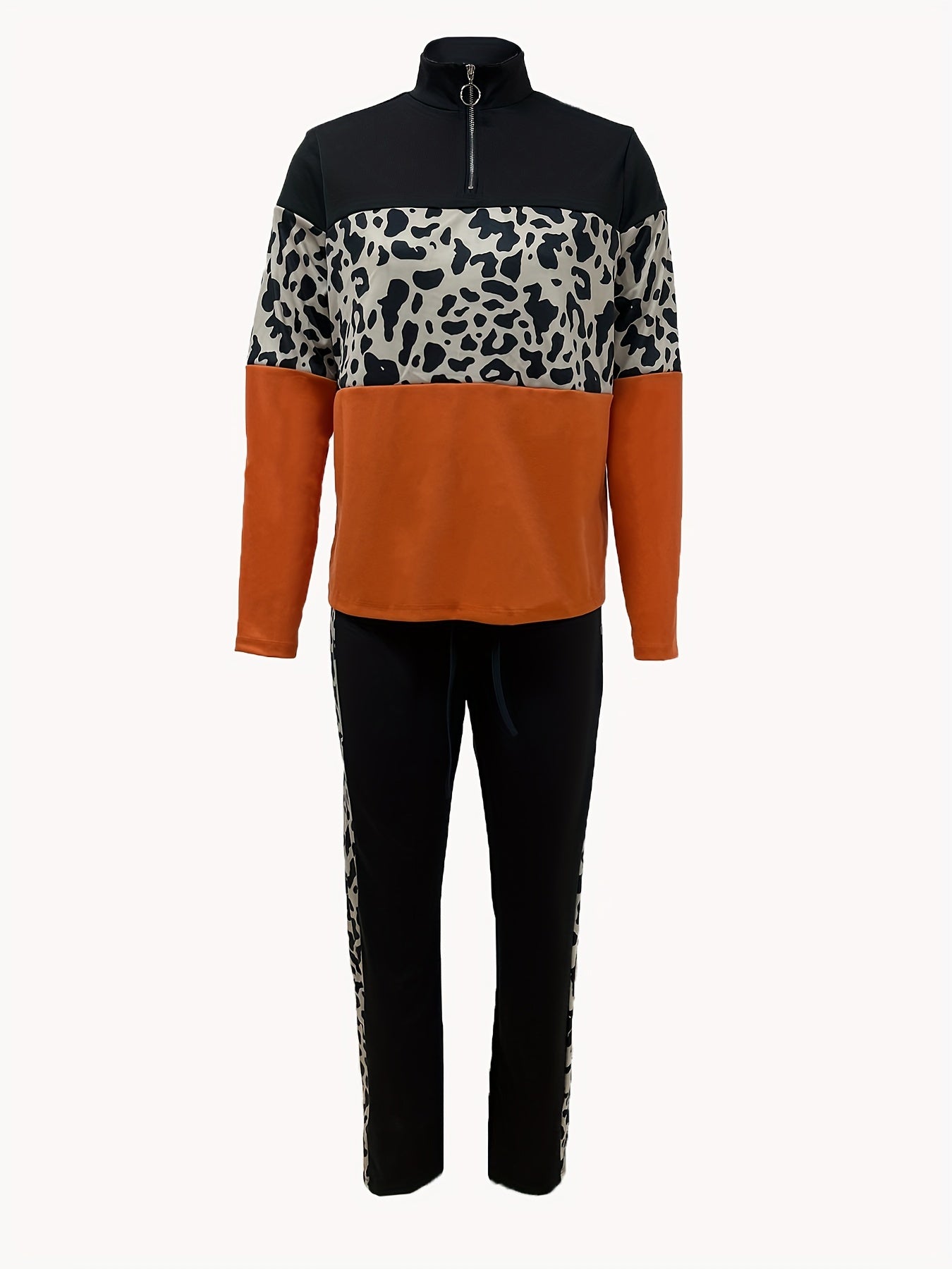 Leopard Print Zipper Top & Drawstring Pants Set