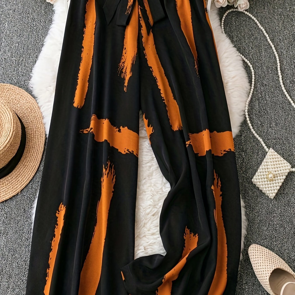 Plus Size Brush Print Wide Leg Pants with Bow Knot Front