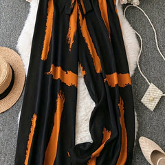 Plus Size Brush Print Wide Leg Pants with Bow Knot Front