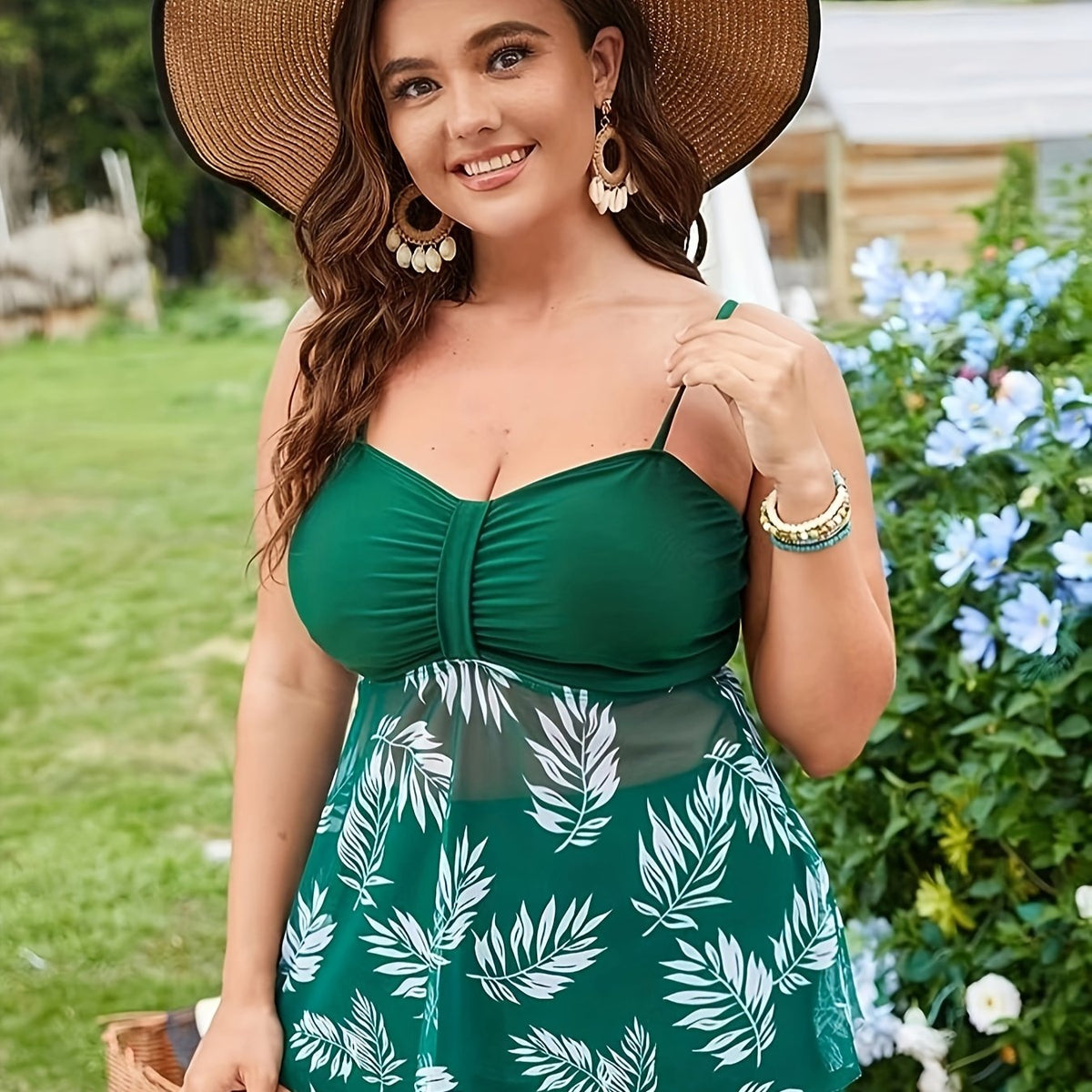  Vacay Tankini Set Tropical Print Mesh V Neck Top & Shorts