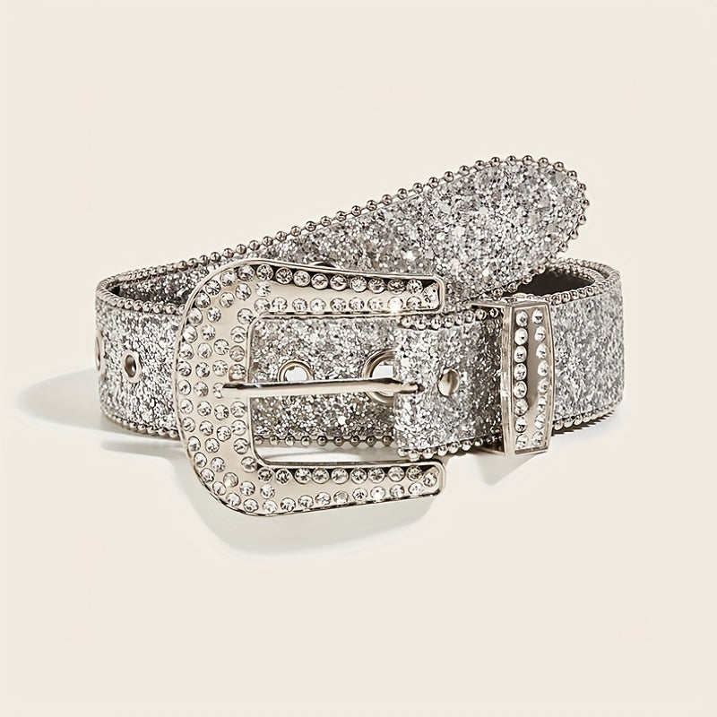 Glitter Eyelet Belt Hip Hop Rhinestone PU Leather Waistband