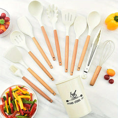 12pcs Silicone Cooking Utensils Set with Wooden Handle