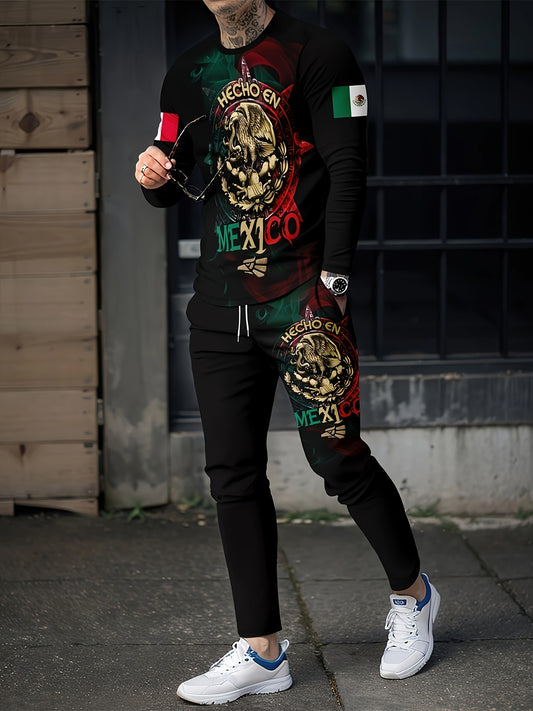 Mex Eagle Pattern Men's 2 Pc Outfits Long Sleeve T-shirt & Sweatpants Set