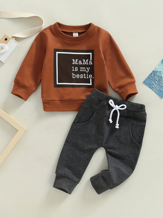 Baby Boys Long Sleeve Sweatshirt Pants Set MAMA IS MY BESTIE Print