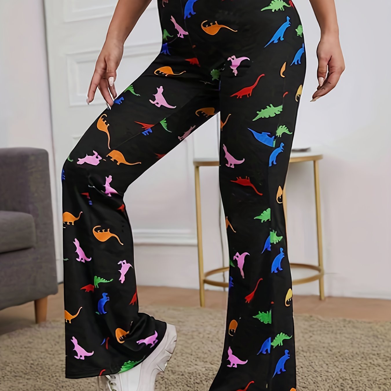 Women's Plus Dinosaur Print High Rise Flared Pants