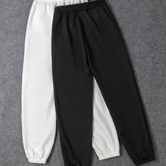 2 Pack Plus Size Sporty Pants Set Women's Plus Solid Fleece Lined Elastic Waist